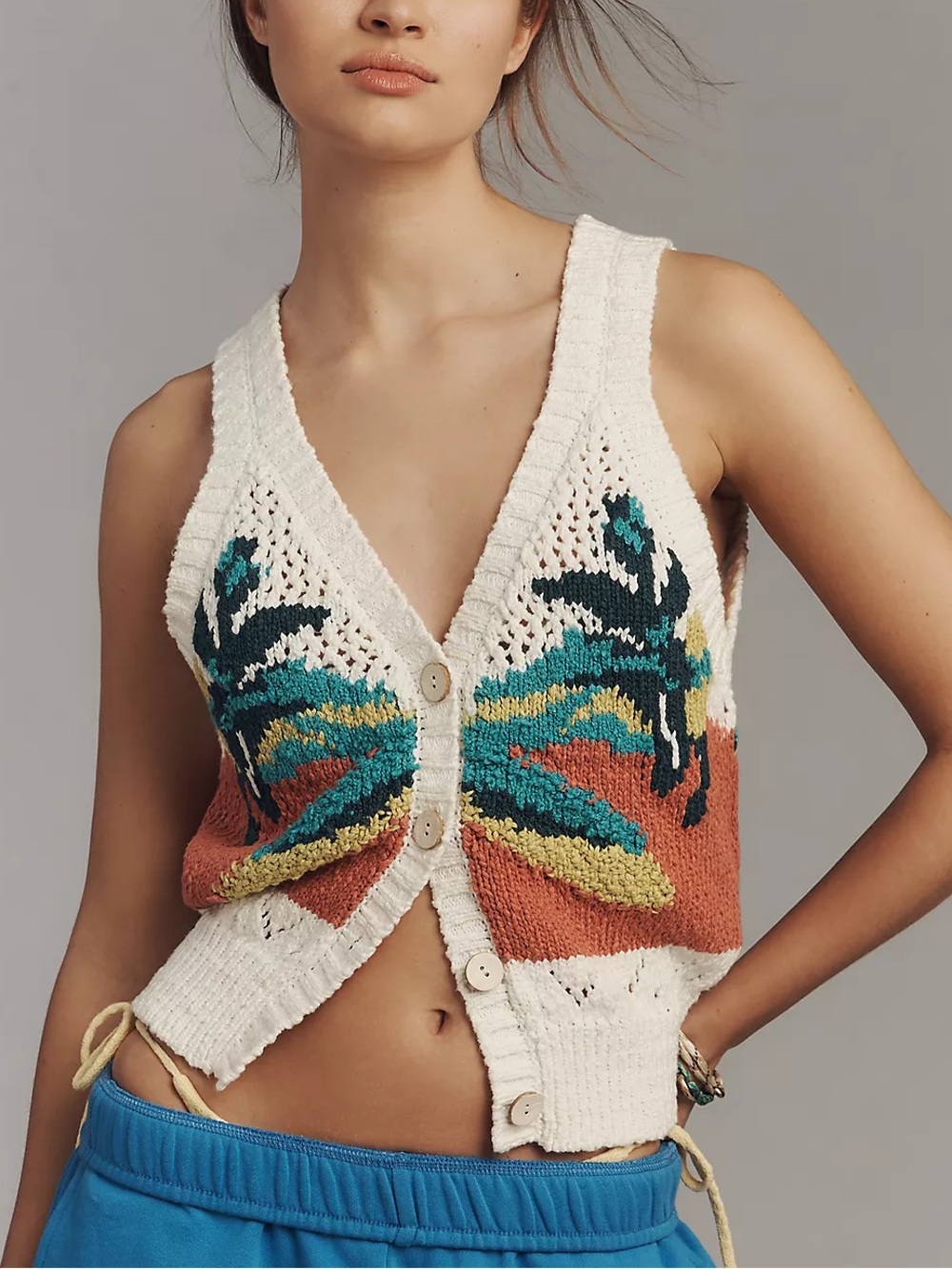 NWT Anthropologie Pilcro V-Neck Sweater Vest Beach Tropical Sunset Motif S Small